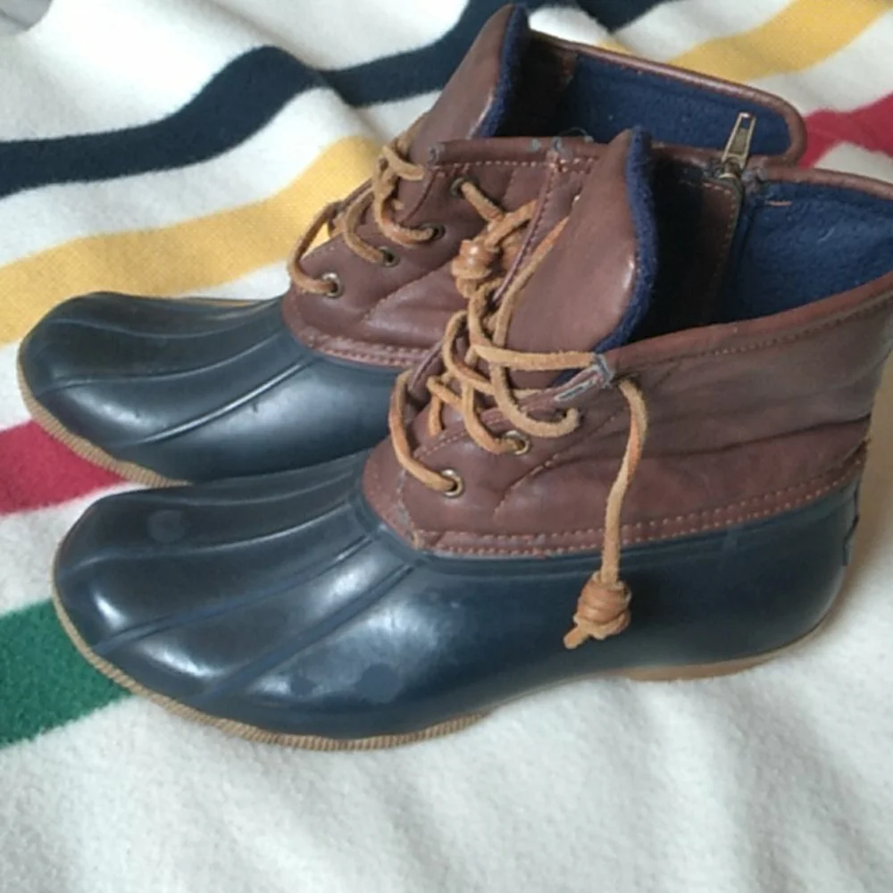 Sperry Kids Brown Leather and Navy Rubber Duck Boots with Tan Soles